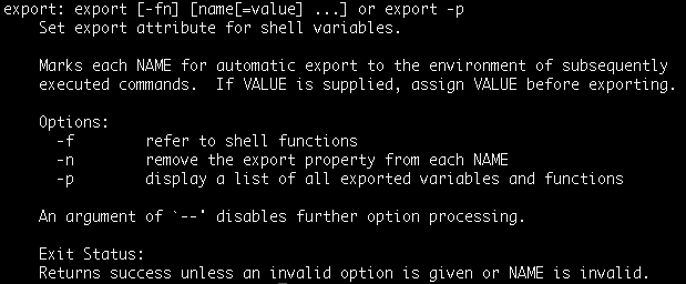 Help page for Linux export command